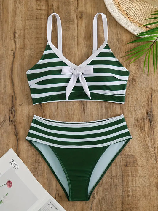 LB | Seksowne bikini w paski z kokardką w dekolcie V