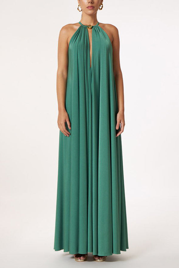 LB | Greek Goddess Unmistakable Golden Halter Neck A-line Maxi Dress