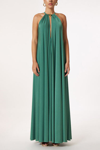 LB | Greek Goddess Unmistakable Golden Halter Neck A-line Maxi Dress