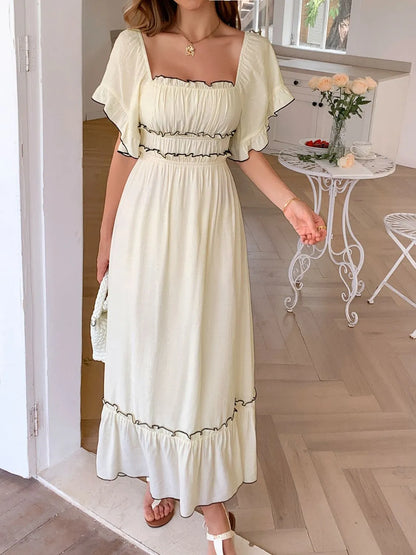 AS | Čtvercový výstřih Puff rukávy Frill trim Maxi šaty