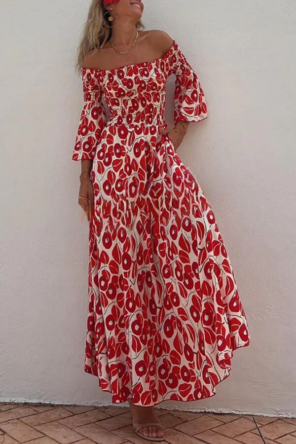 LB | Close To The Vacation Floral Print Smocked Off Shoulder Pocketed Maxi Dress