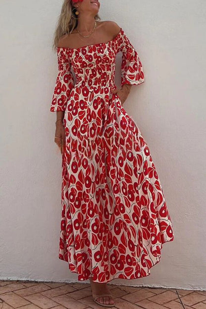 LB | Close To The Vacation Floral Print Smocked Off Shoulder Pocketed Maxi Dress