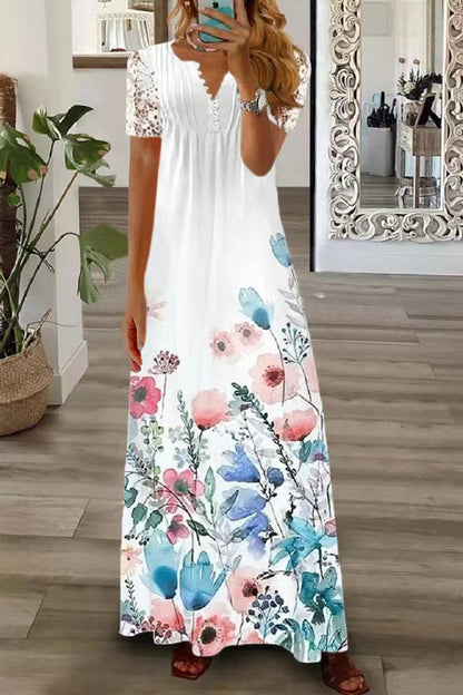 LB | Boho Floral V Neck Button Lace Sleeve Holiday Beach Maxi Dress