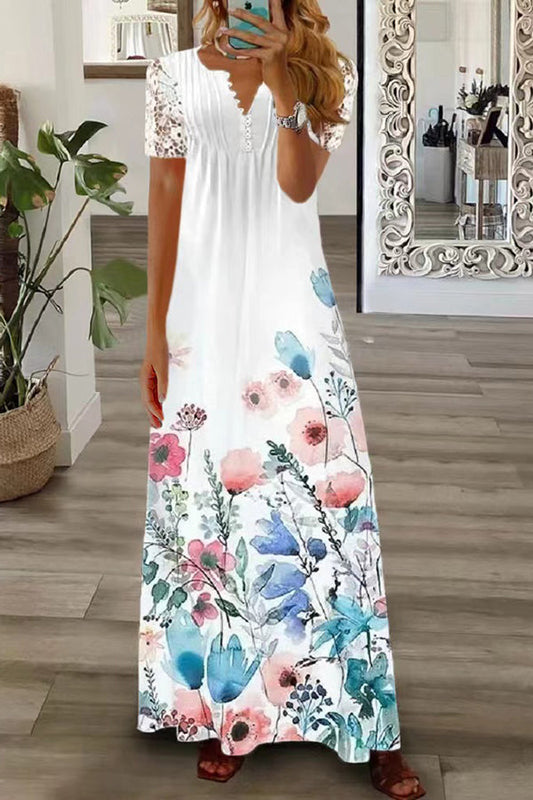 LB | Boho Floral V Neck Button Lace Sleeve Holiday Beach Maxi Dress
