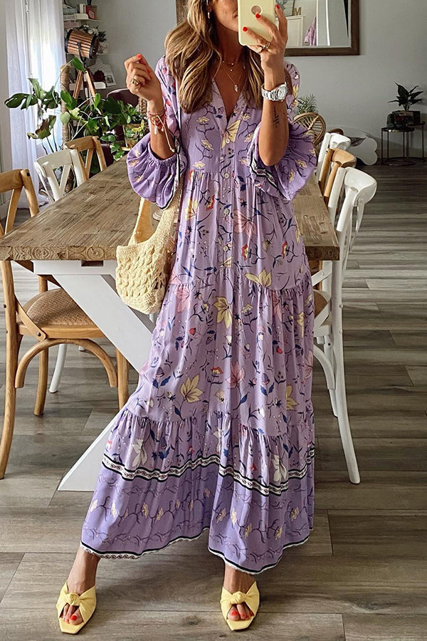 LB | Lavender Flavour Printed Long Sleeve Button A-Line Maxi Dress