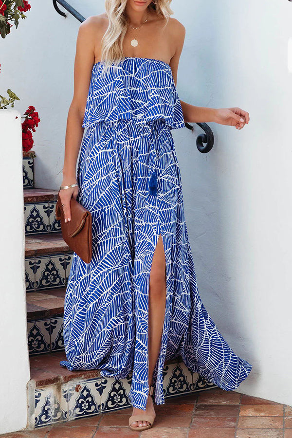 LB | Summer Picnic Printed Elastyczna sukienka maxi bez ramiączek w talii