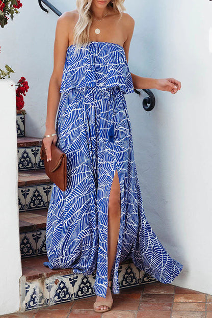 LB | Summer Picnic Printed Elastyczna sukienka maxi bez ramiączek w talii