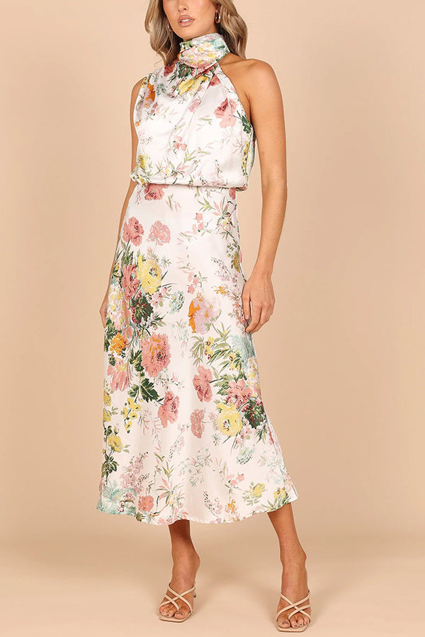 LB | Wine Country Dates Floral Halter Neck Elastyczna sukienka maxi w talii