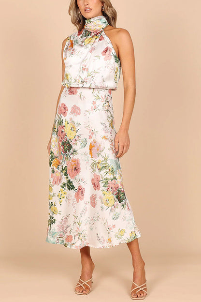 LB | Wine Country Dates Floral Halter Neck Elastyczna sukienka maxi w talii