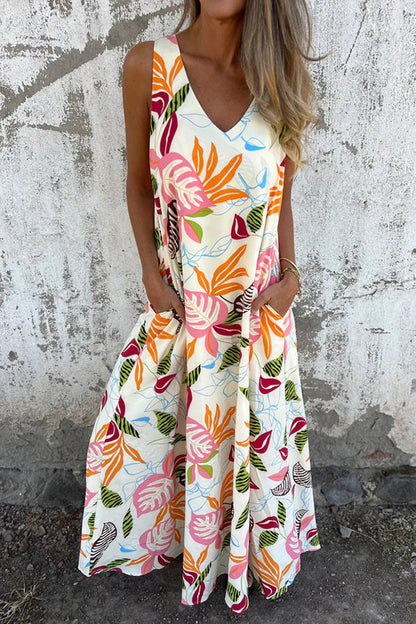 LB | Botaniczny nadruk V-neck torba luźna swobodna sukienka maxi