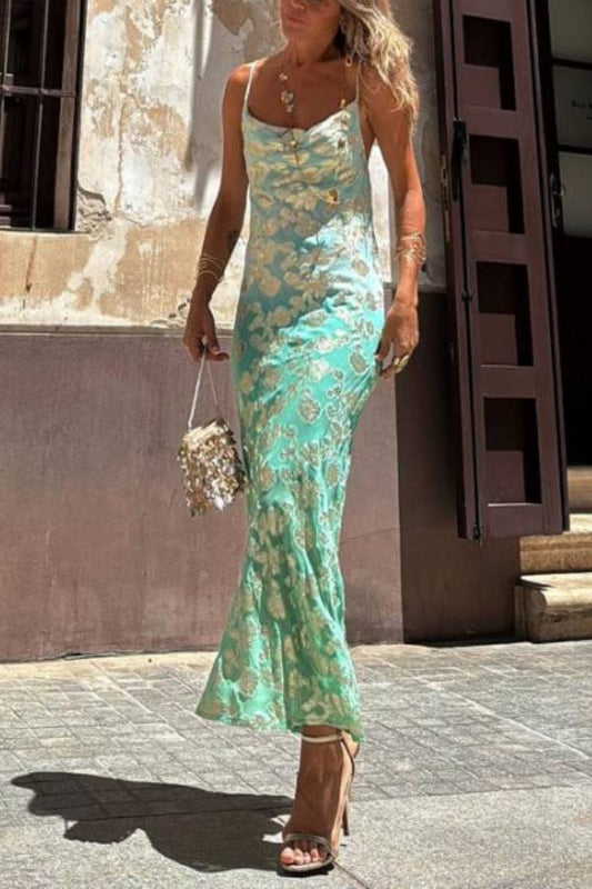 LB | Tie Dye Ombre Gold Floral Print Sexy Strappy Maxi Dress