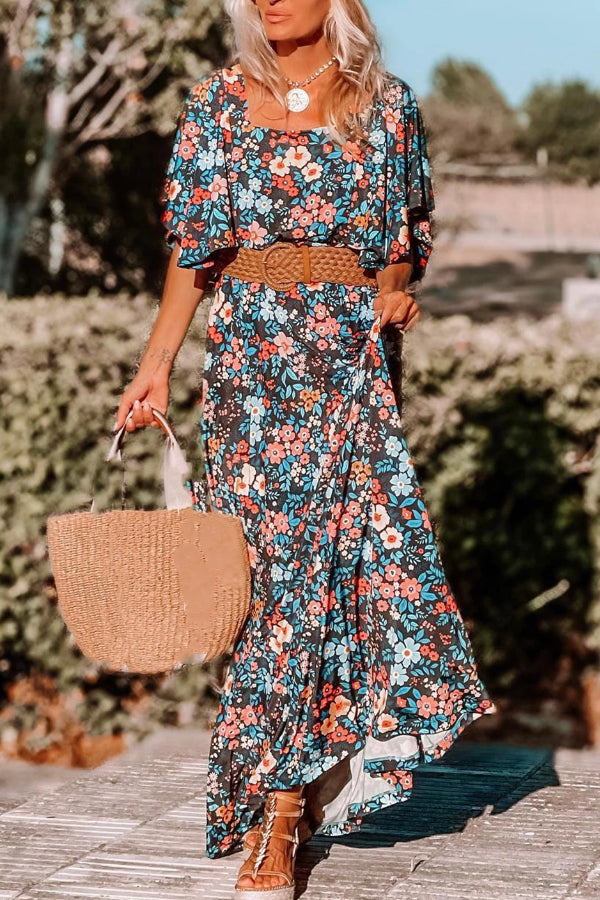 LB | Sky Blue Boho Floral Print Knotted Backless Maxi Dress