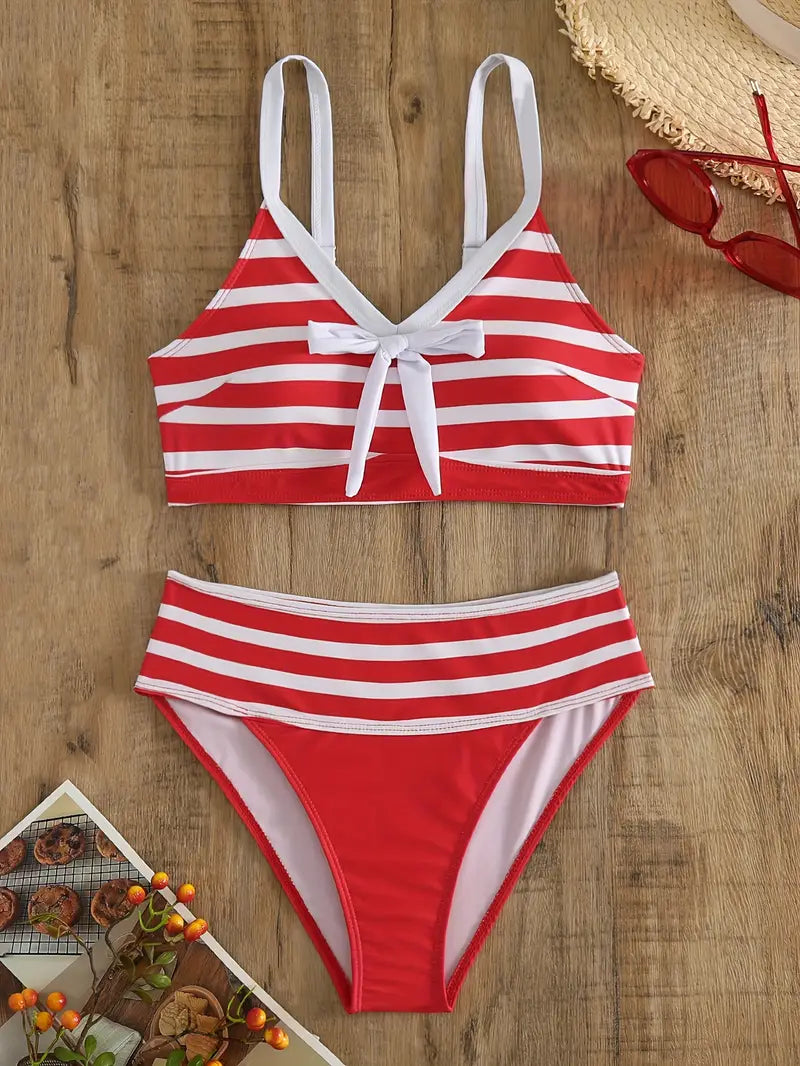 LB | Seksowne bikini w paski z kokardką w dekolcie V