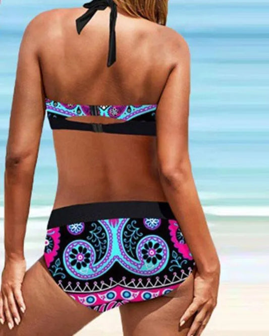 LB | Plus Size Vintage Floral Print Lace Up Halter V-Neck Sexy Bikini Set
