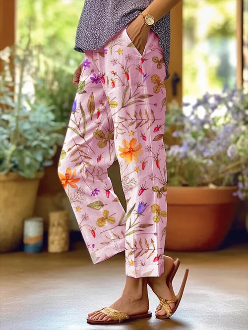 AS | Damskie spodnie w kwiatowy wzór z luźną kieszenią Patchwork Casual Trousers