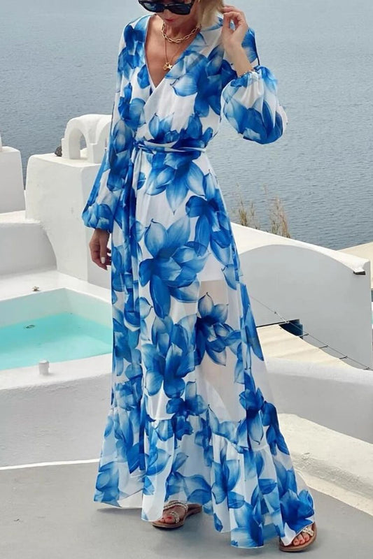 LB | Island Girl Floral Print V-Neck Long Sleeve Tie Slit Holiday Maxi Dress