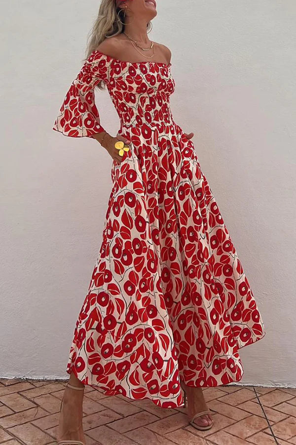 LB | Close To The Vacation Floral Print Smocked Off Shoulder Pocketed Maxi Dress