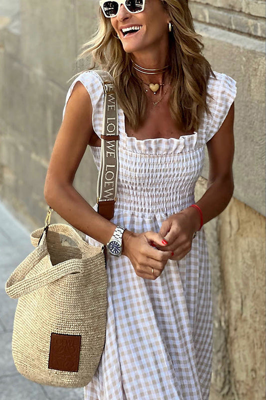 LB | Singing Solo Multi Plaid Maxi Dress z marszczoną górą