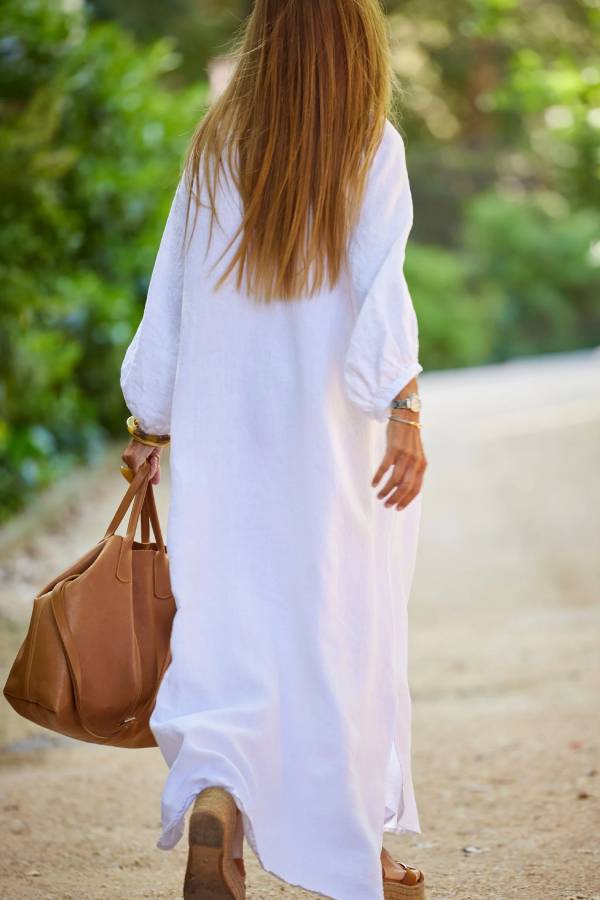 LB | Lniana sukienka casual z balonowym rękawem i dekoltem w serek Maxi Dress