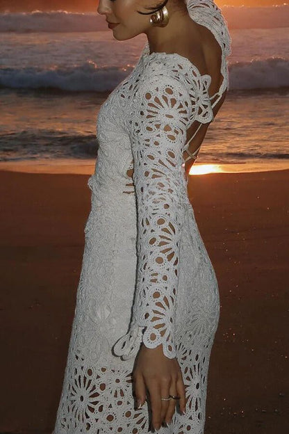 LB | Forever Sunsets Crochet Back Lace-up Coverup Maxi Dress