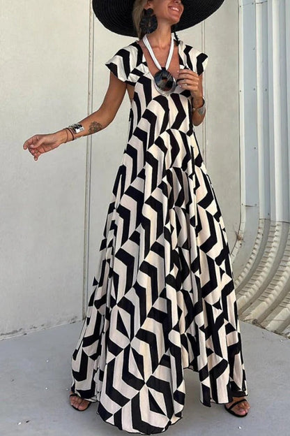 LB | Fresh Breeze Ethnic Unique Print Ruffle Sleeve A-Line Maxi Dress