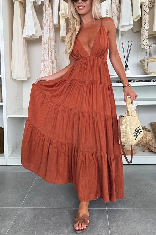 LB | Bohemian Style V-Neck Backless Slip Layered Holiday Maxi Dress