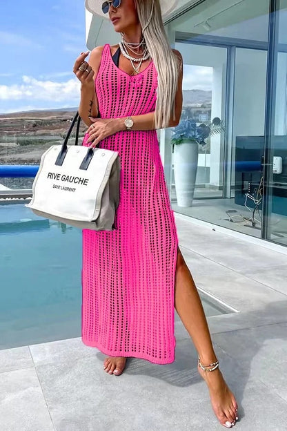 LB | Deserted Island Crochet Knit Cross Back Cover Up Maxi Dress