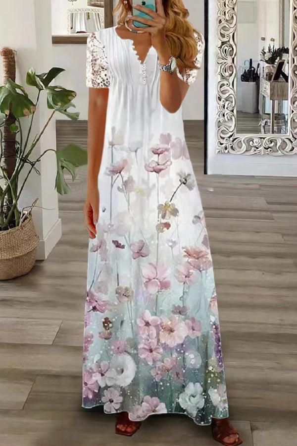 LB | Boho Floral V Neck Button Lace Sleeve Holiday Beach Maxi Dress