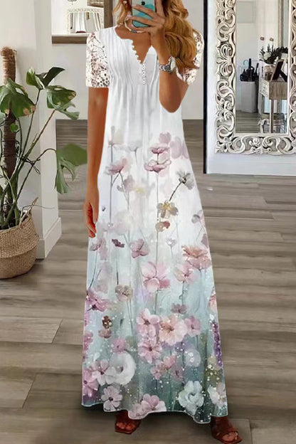LB | Boho Floral V Neck Button Lace Sleeve Holiday Beach Maxi Dress