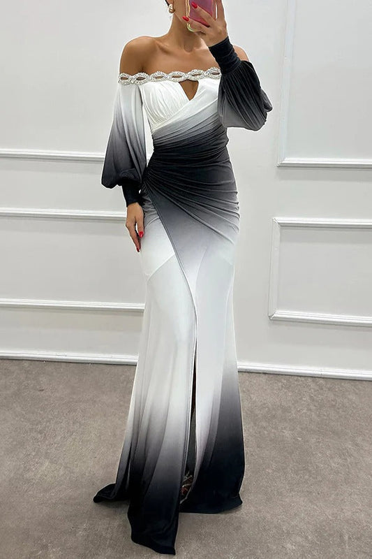LB | Julieta Gradient Print Boat Neck Off Shoulder Gemstone Detail Slit Dress Maxi Dress