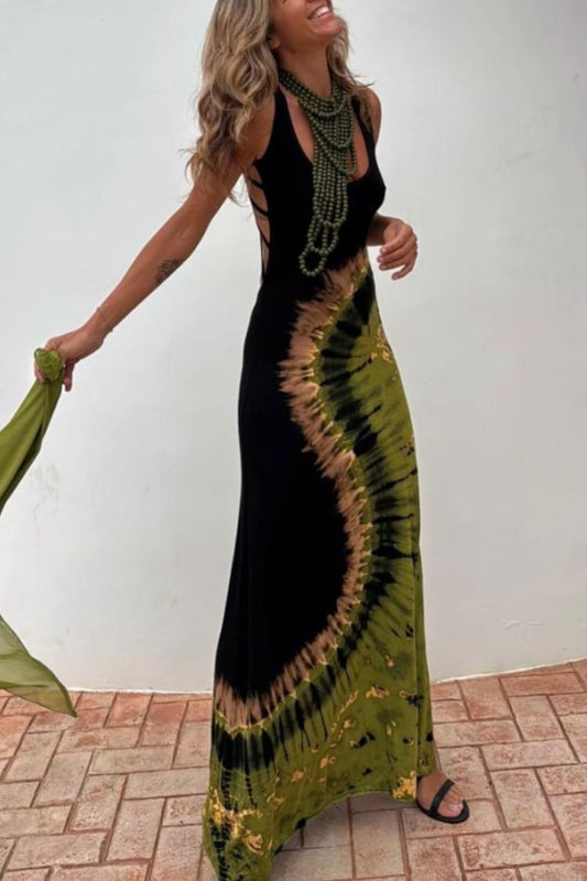 LB | Summer Adventures Tie-dye Print Back Lace-up Stretch Maxi Dress