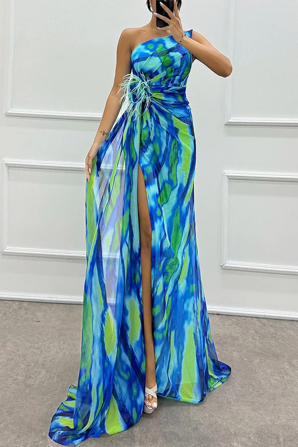 LB | Amazing Views Watercolour Print Feather Rose Detail Off Shoulder Pleated Slit Maxi Dress