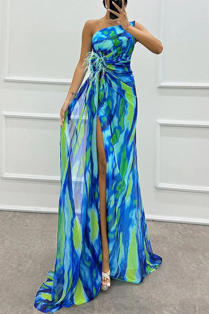 LB | Amazing Views Watercolour Print Feather Rose Detail Off Shoulder Pleated Slit Maxi Dress