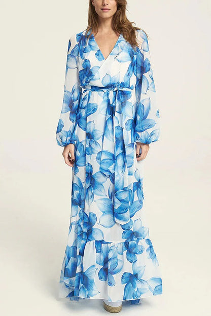 LB | Island Girl Floral Print V-Neck Long Sleeve Tie Slit Holiday Maxi Dress