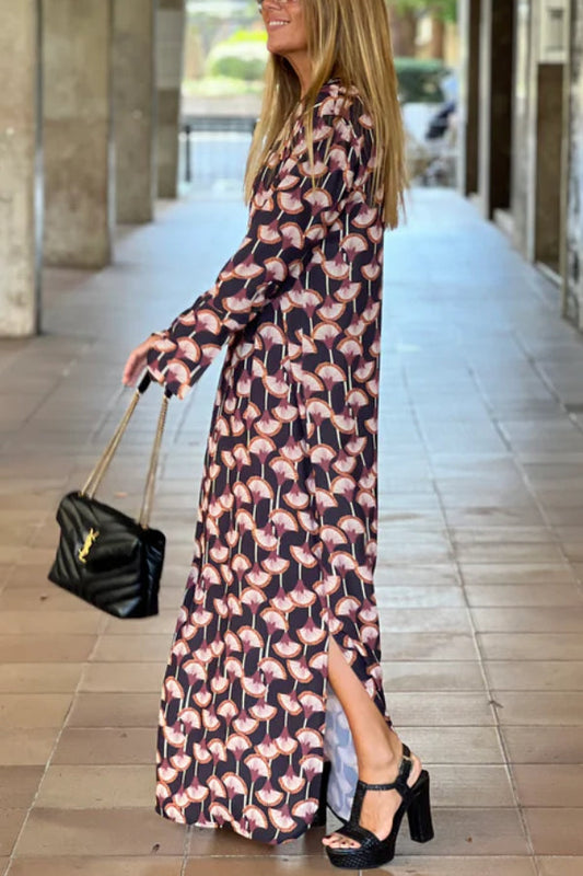 LB | Modna damska sukienka maxi z długim rękawem i nadrukiem V-Neck