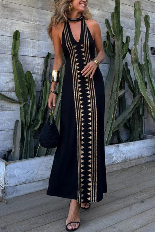 LB | Meret Gold Geometric Print Backless Stretch Maxi Dress with Halter