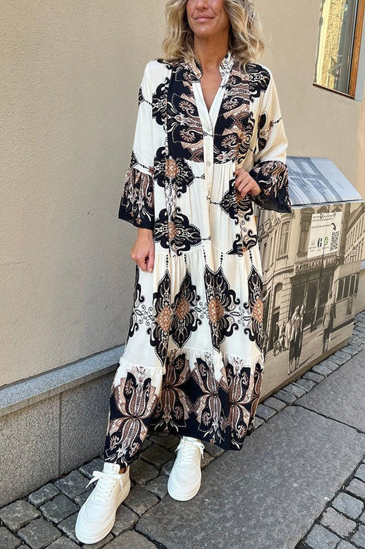 LB | Gracie Paisley Print Button Up Bell Sleeve A-line Maxi Dress