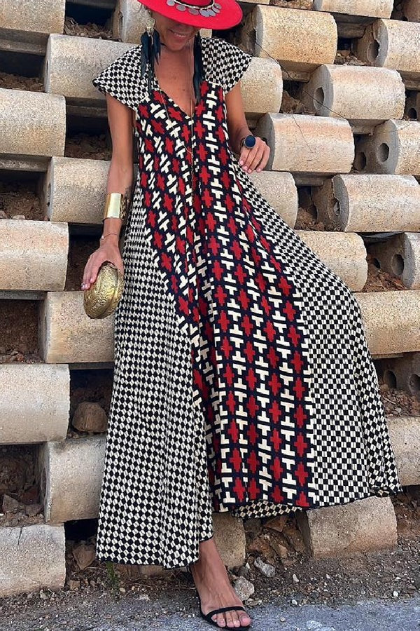 LB | Fresh Breeze Ethnic Unique Print Ruffle Sleeve A-Line Maxi Dress