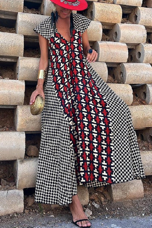 LB | Fresh Breeze Ethnic Unique Print Ruffle Sleeve A-Line Maxi Dress