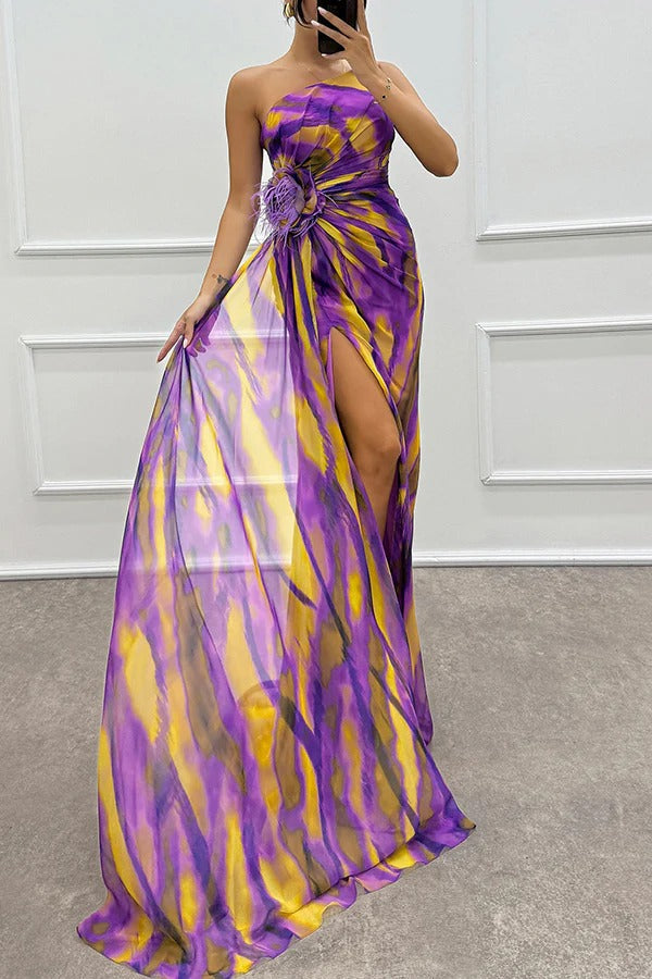LB | Amazing Views Watercolour Print Feather Rose Detail Off Shoulder Pleated Slit Maxi Dress