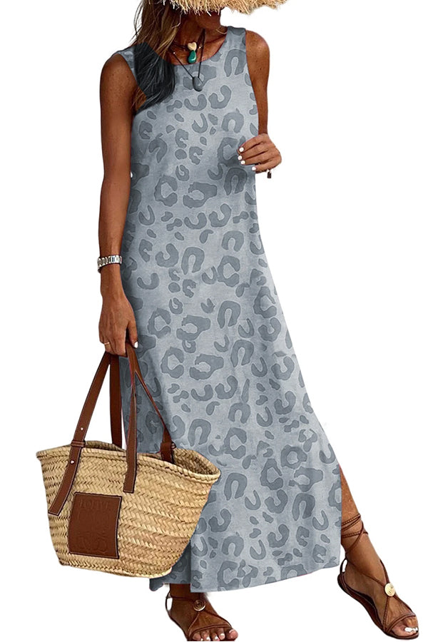 LB | Grey Casual Leopard Print Boczne rozcięcia Tank Maxi Dress