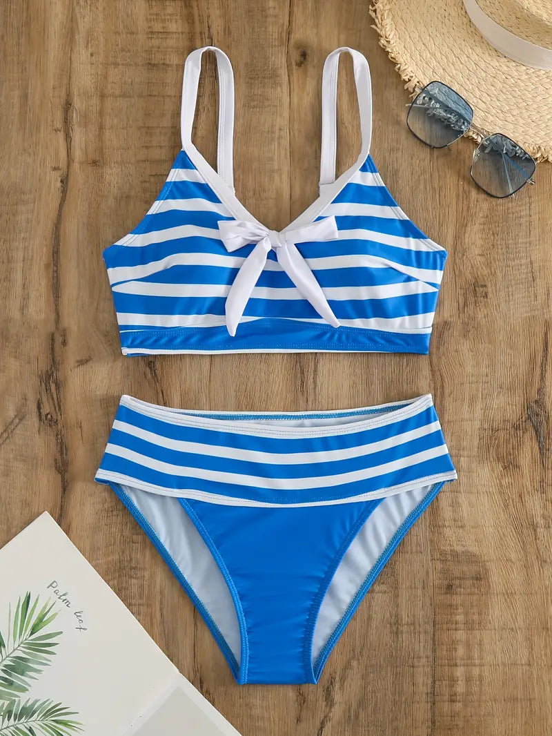 LB | Seksowne bikini w paski z kokardką w dekolcie V