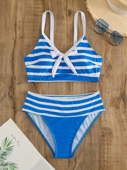 LB | Seksowne bikini w paski z kokardką w dekolcie V