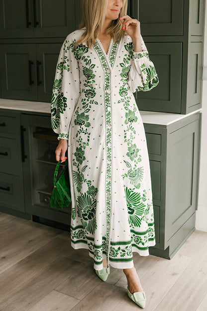LB | Unique Print Button Down Long Sleeve Shirt Maxi Dress