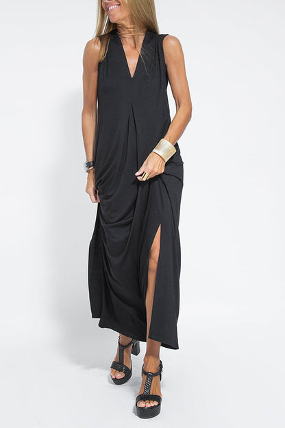 LB | Elegant is forever dzianinowa sukienka maxi bez rękawów z rozcięciem