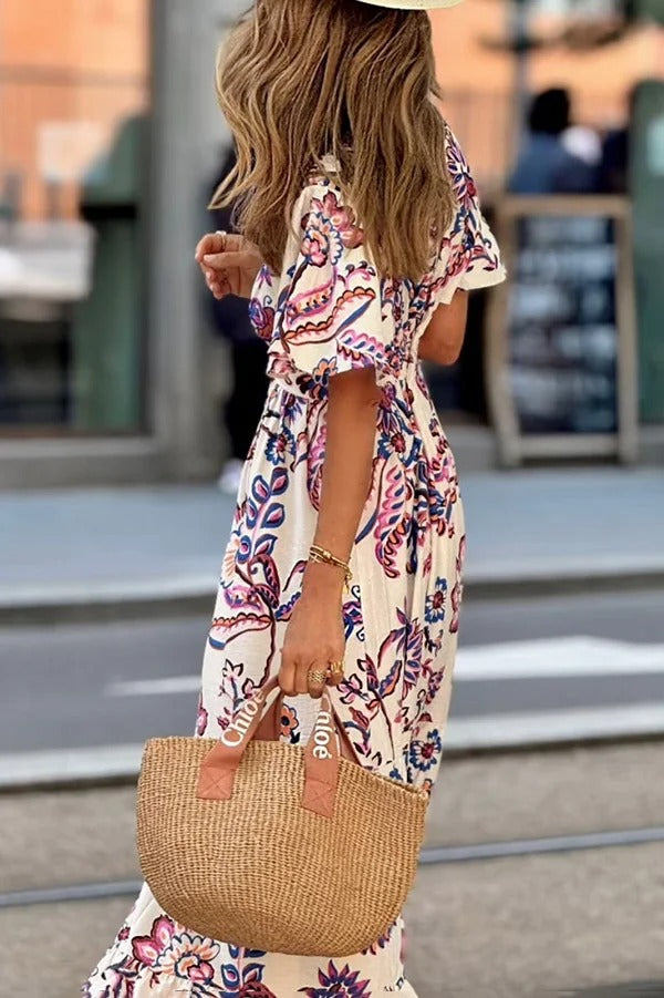 LB | Unique Print V-Neck Waist Holiday Maxi Dress