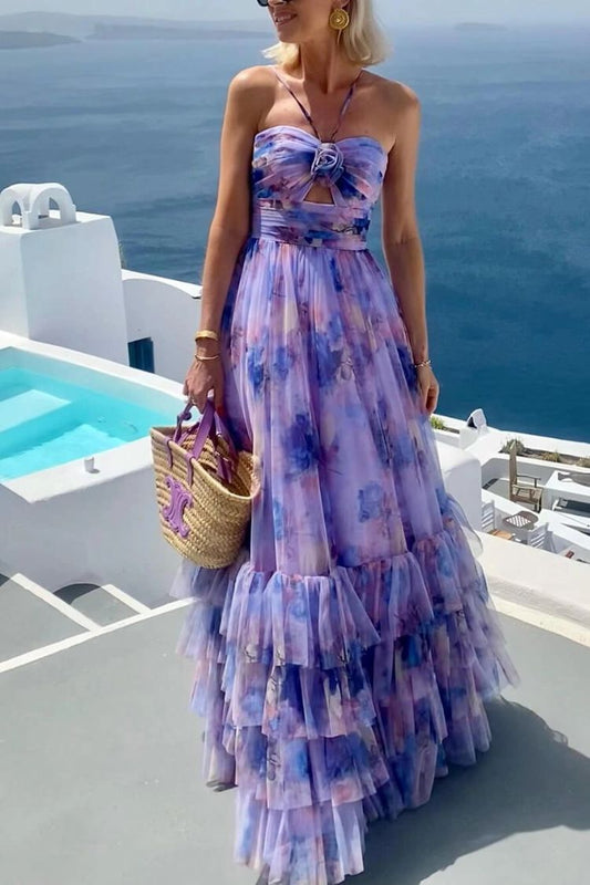 LB | Dreamy Clouds Tulle Printed Rose Detail Neckline Ruffle Striped Halter Maxi Dress