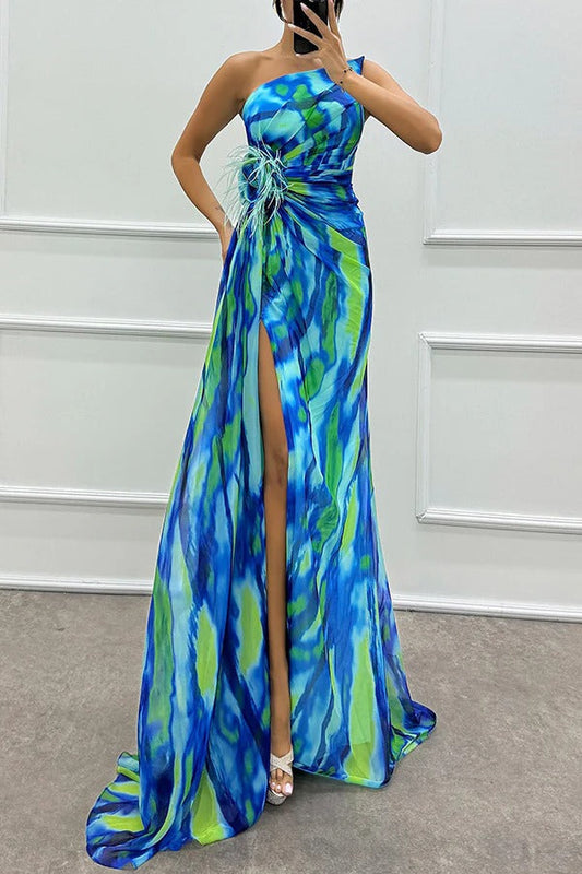 LB | Amazing Views Watercolour Print Feather Rose Detail Off Shoulder Pleated Slit Maxi Dress