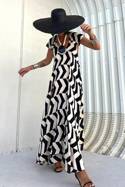 LB | Fresh Breeze Ethnic Unique Print Ruffle Sleeve A-Line Maxi Dress