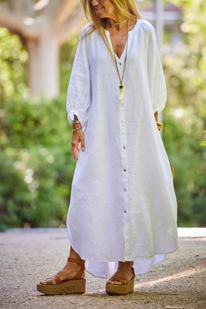 LB | Lniana sukienka casual z balonowym rękawem i dekoltem w serek Maxi Dress